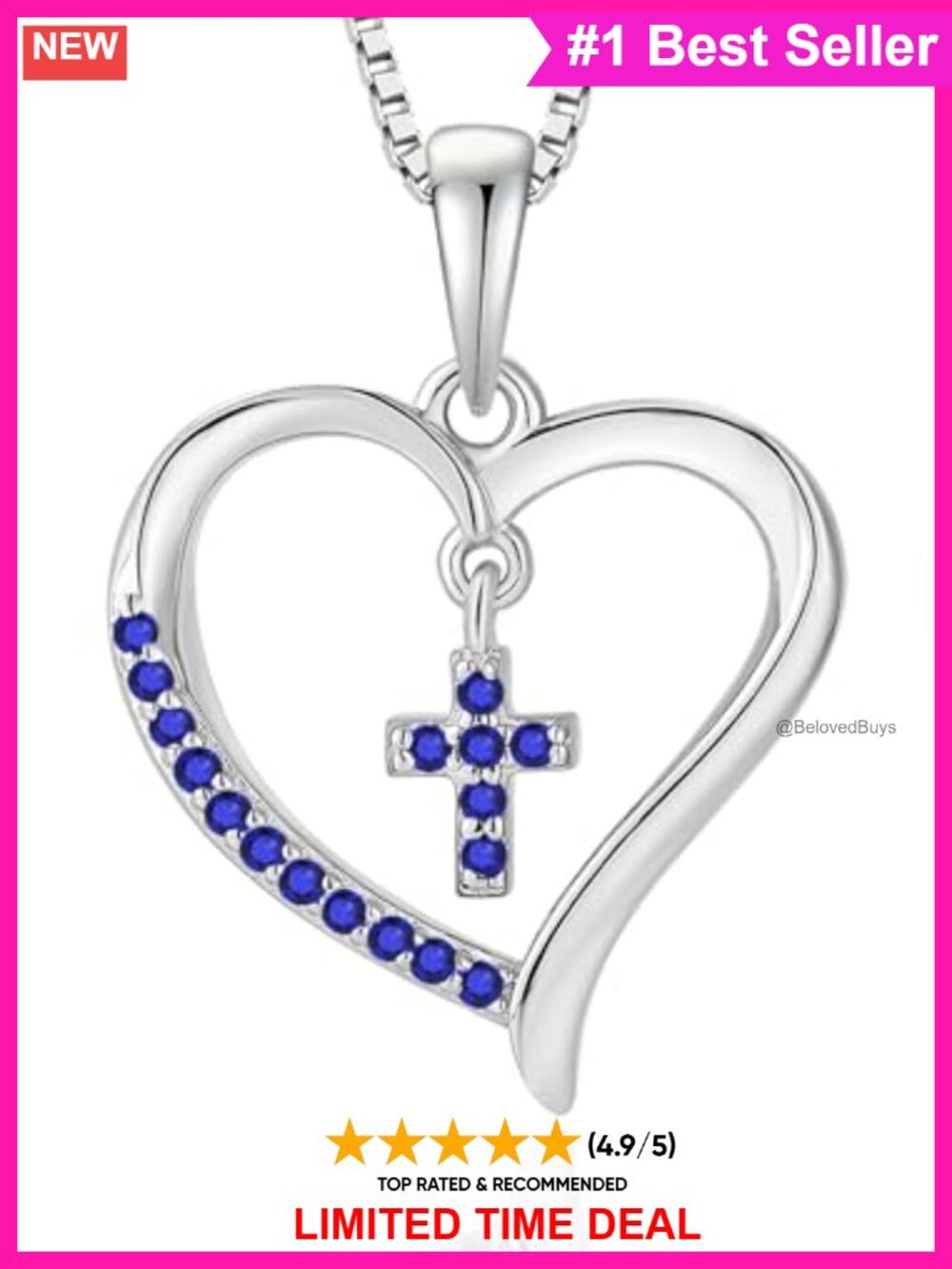 Sterling Silver Heart Cross Pendant Necklace with Created Sapphire